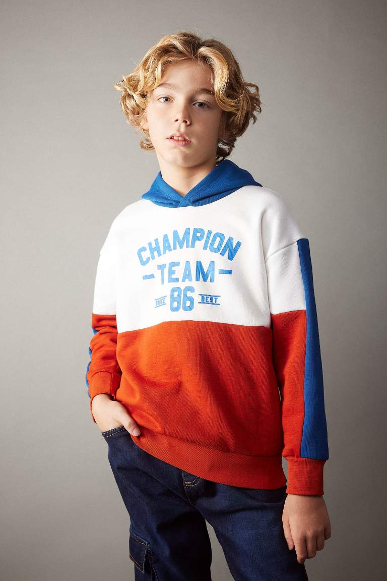 Erkek Çocuk Oversize Geniş Kalıp Kapüşonlu Baskılı Kalın Sweatshirt