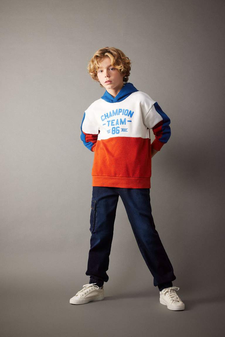 Erkek Çocuk Oversize Geniş Kalıp Kapüşonlu Baskılı Kalın Sweatshirt