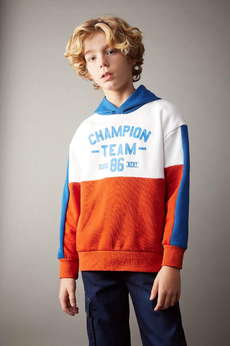 Erkek Çocuk Oversize Geniş Kalıp Kapüşonlu Baskılı Kalın Sweatshirt