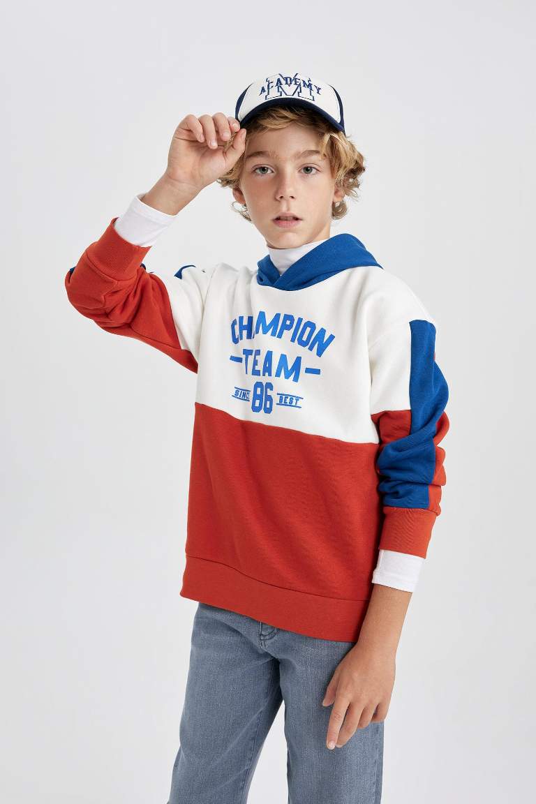 Erkek Çocuk Oversize Geniş Kalıp Kapüşonlu Baskılı Kalın Sweatshirt
