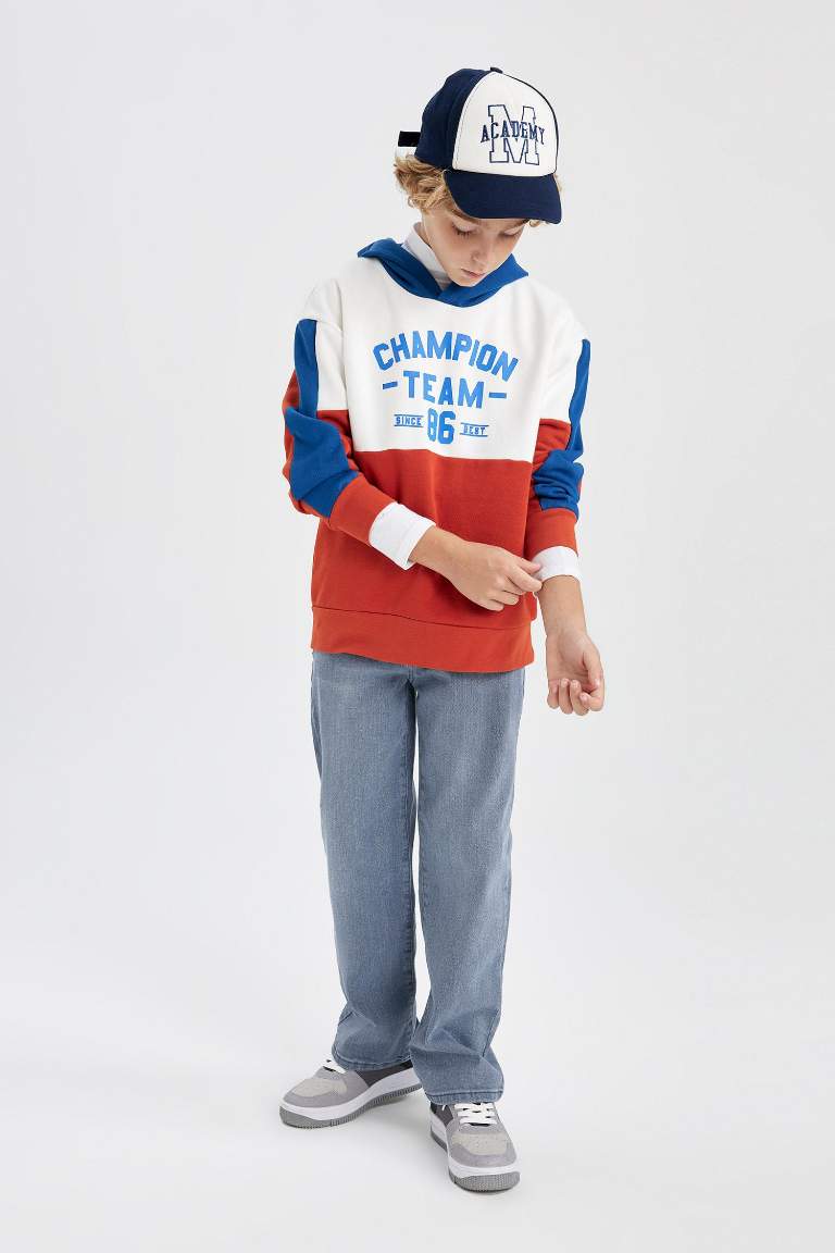 Erkek Çocuk Oversize Geniş Kalıp Kapüşonlu Baskılı Kalın Sweatshirt