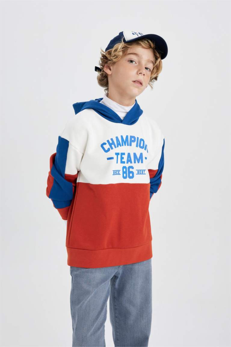 Erkek Çocuk Oversize Geniş Kalıp Kapüşonlu Baskılı Kalın Sweatshirt