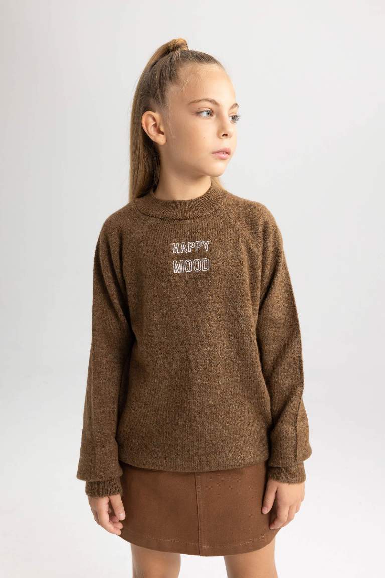 Kız Çocuk Loose Fit Yarım Balıkçı Yaka Triko Kazak