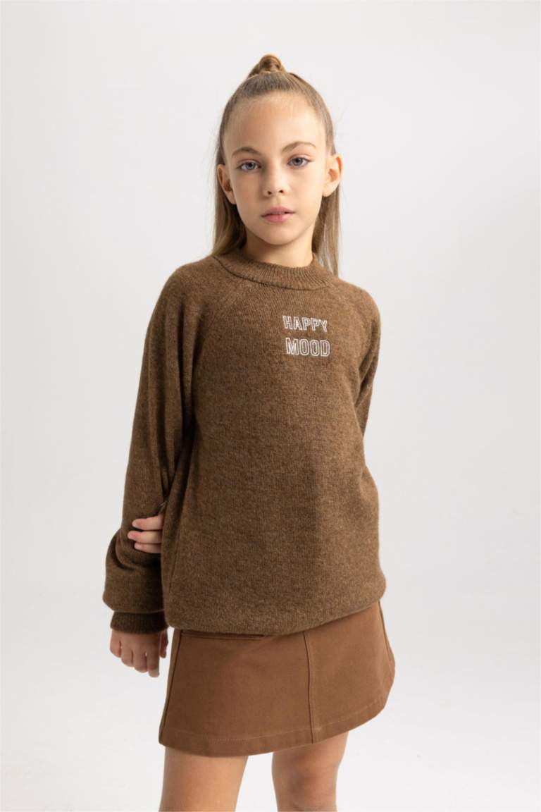 Kız Çocuk Loose Fit Yarım Balıkçı Yaka Triko Kazak