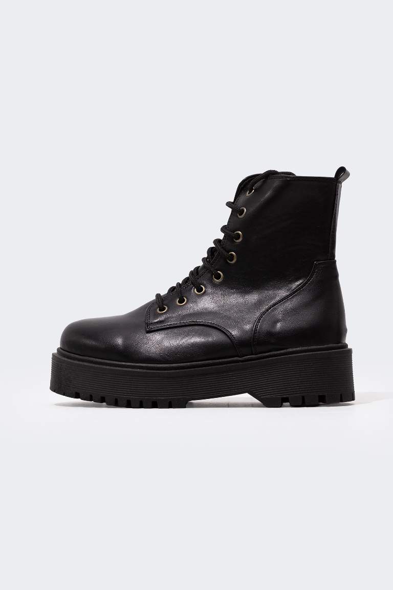 Women Lace-up and Zippered High-Sole Faux Leather Boots