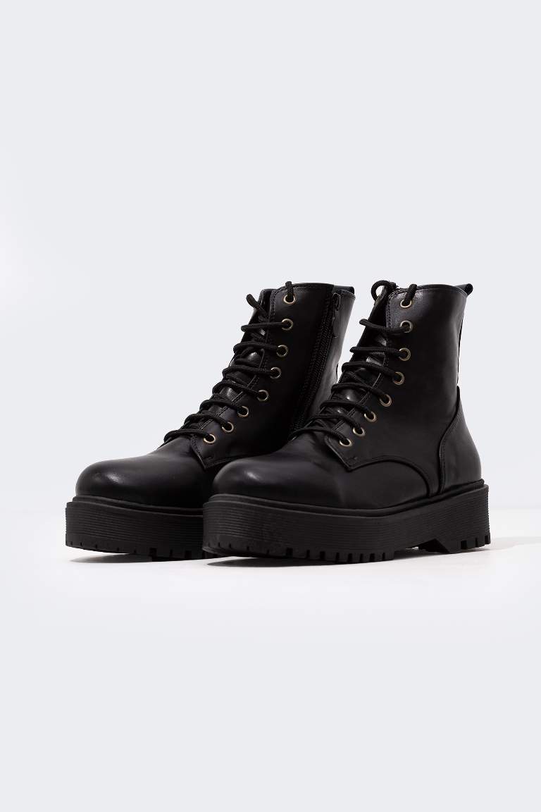 Women Lace-up and Zippered High-Sole Faux Leather Boots