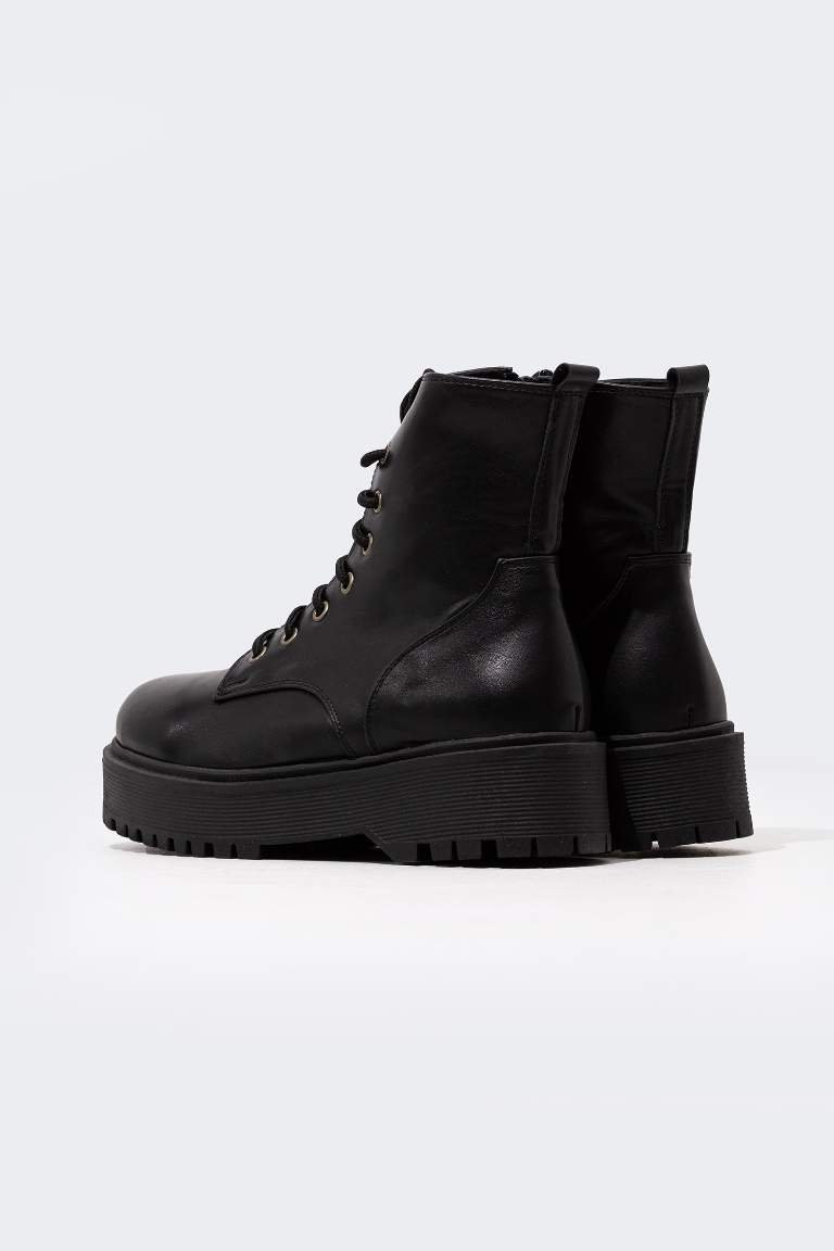 Women Lace-up and Zippered High-Sole Faux Leather Boots