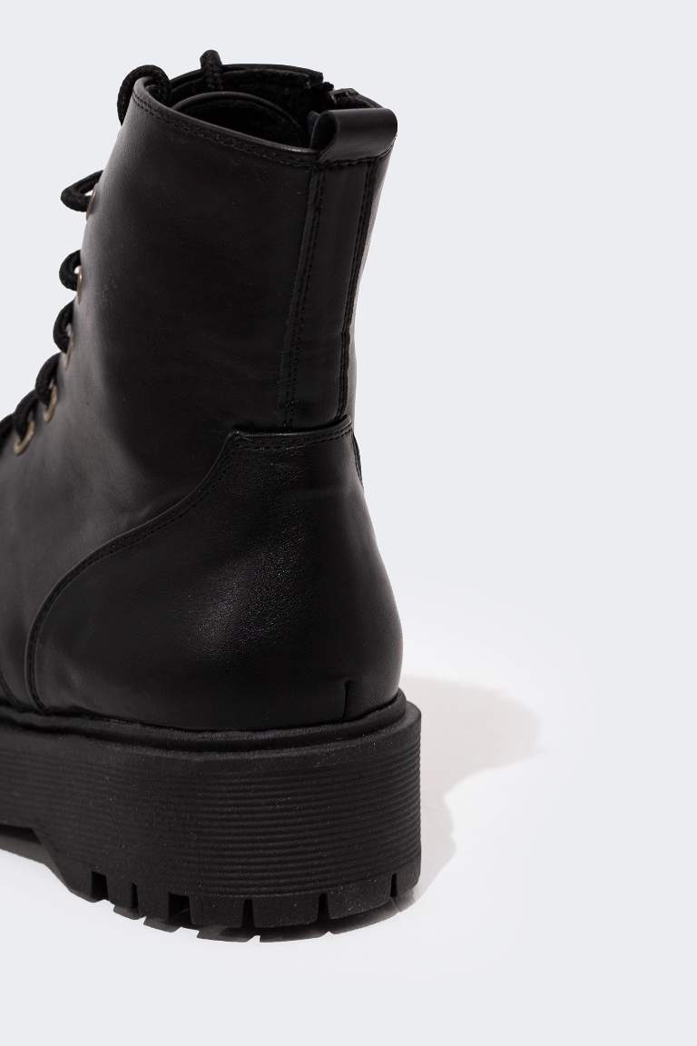Women Lace-up and Zippered High-Sole Faux Leather Boots