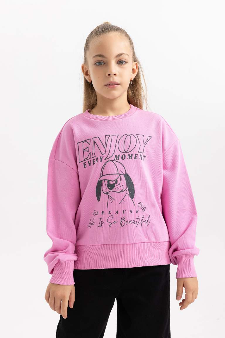Kız Çocuk Baskılı Bisiklet Yaka İçi Yumuşak Tüylü Kalın Sweatshirt 