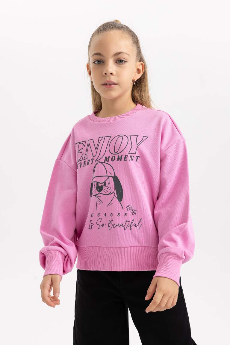 Kız Çocuk Baskılı Bisiklet Yaka İçi Yumuşak Tüylü Kalın Sweatshirt 
