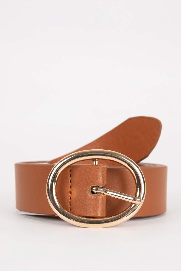 Woman Oval Buckle Faux Leather Jean Belt