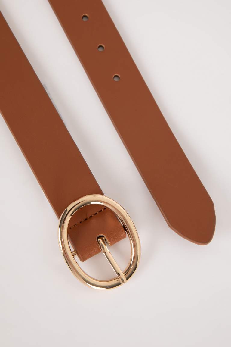 Woman Oval Buckle Faux Leather Jean Belt