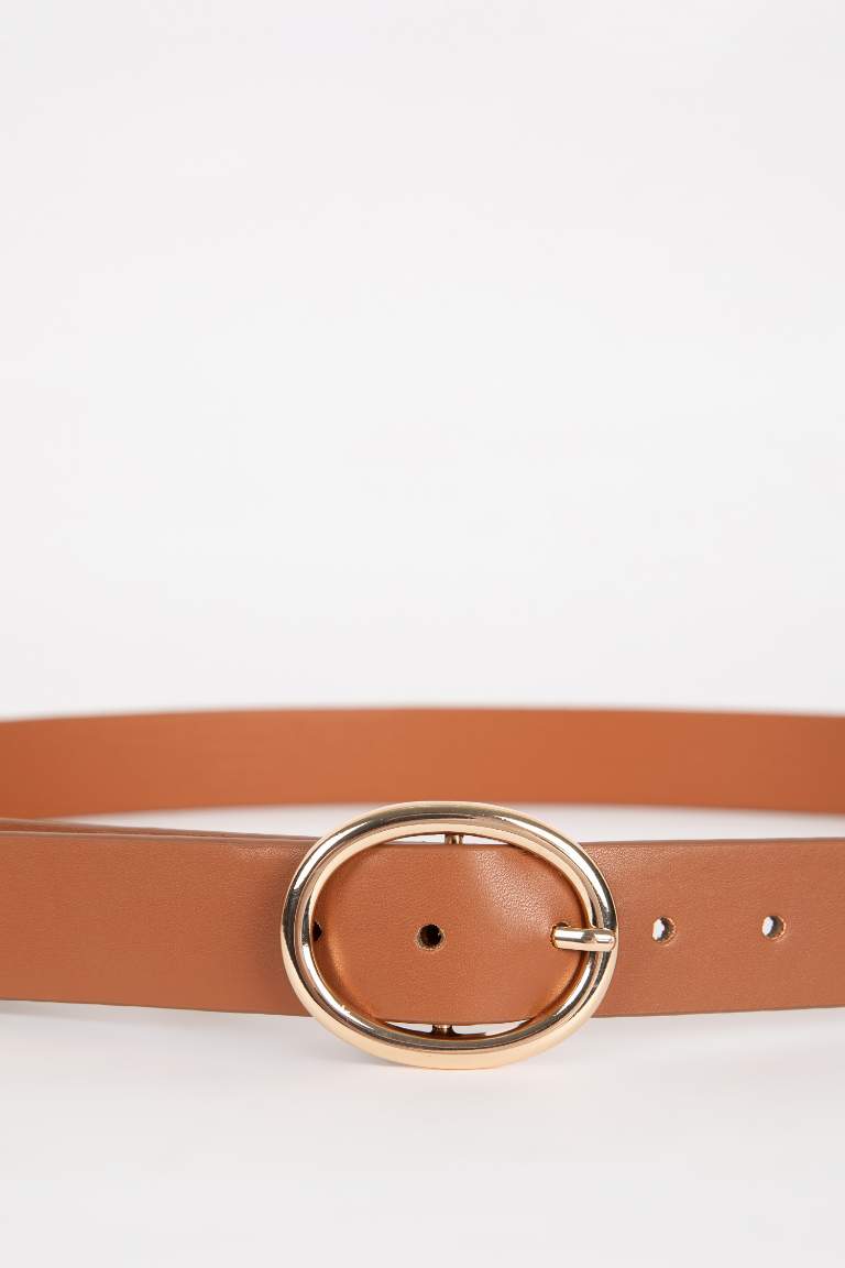 Woman Oval Buckle Faux Leather Jean Belt