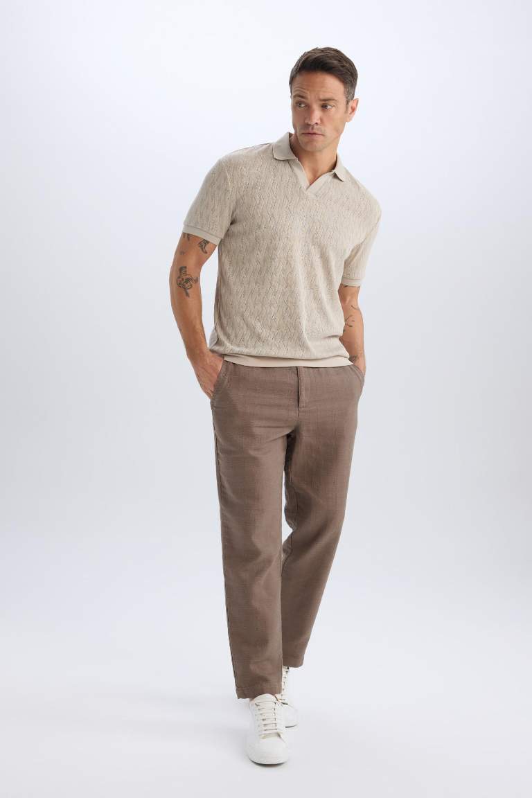 %100 Pamuk Yazlık Jogger Pantolon Regular Fit Normal Kesim Keten Görünümlü Düz Paça Cepli