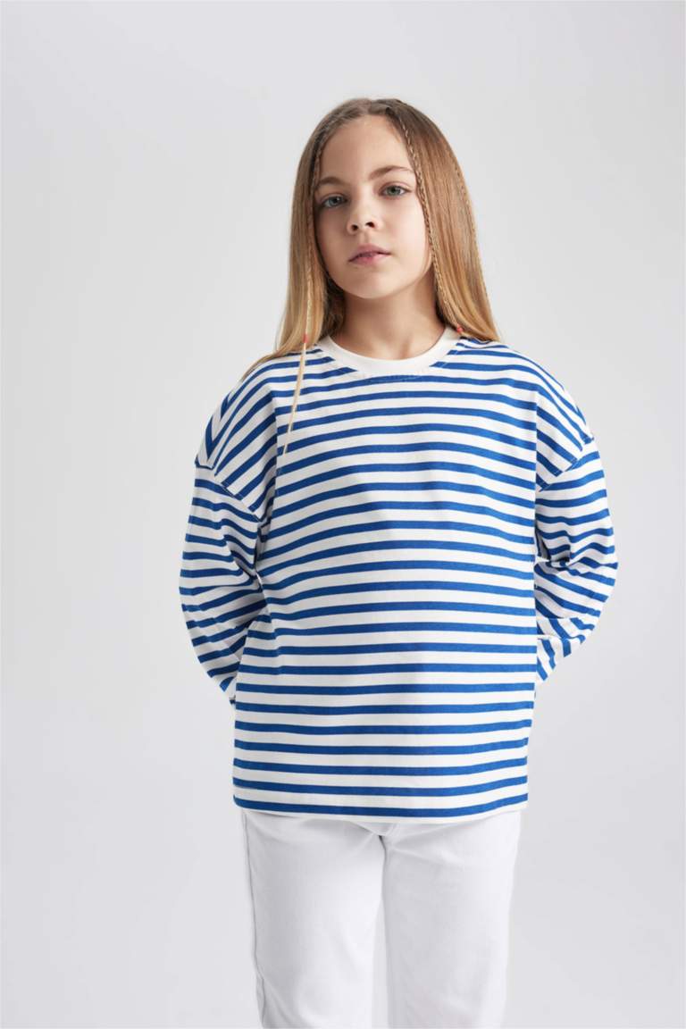 Girl Crew Neck Striped Cotton Long Sleeve T-Shirt