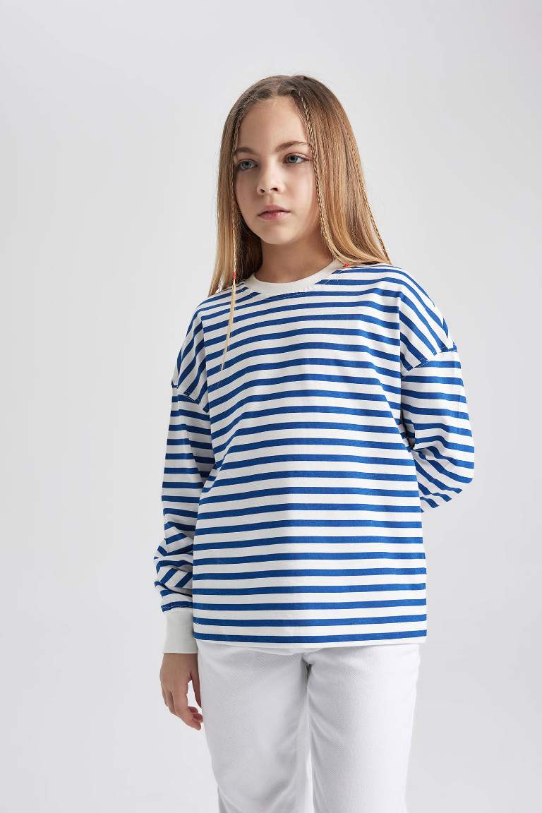 Girl Crew Neck Striped Cotton Long Sleeve T-Shirt