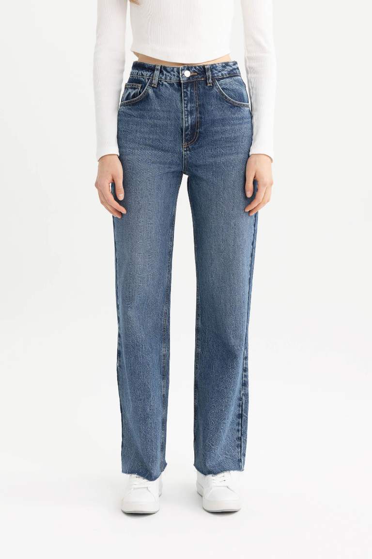 90's Wide Leg Yüksek Bel Bilek Boy Jean Yıkamalı Pantolon
