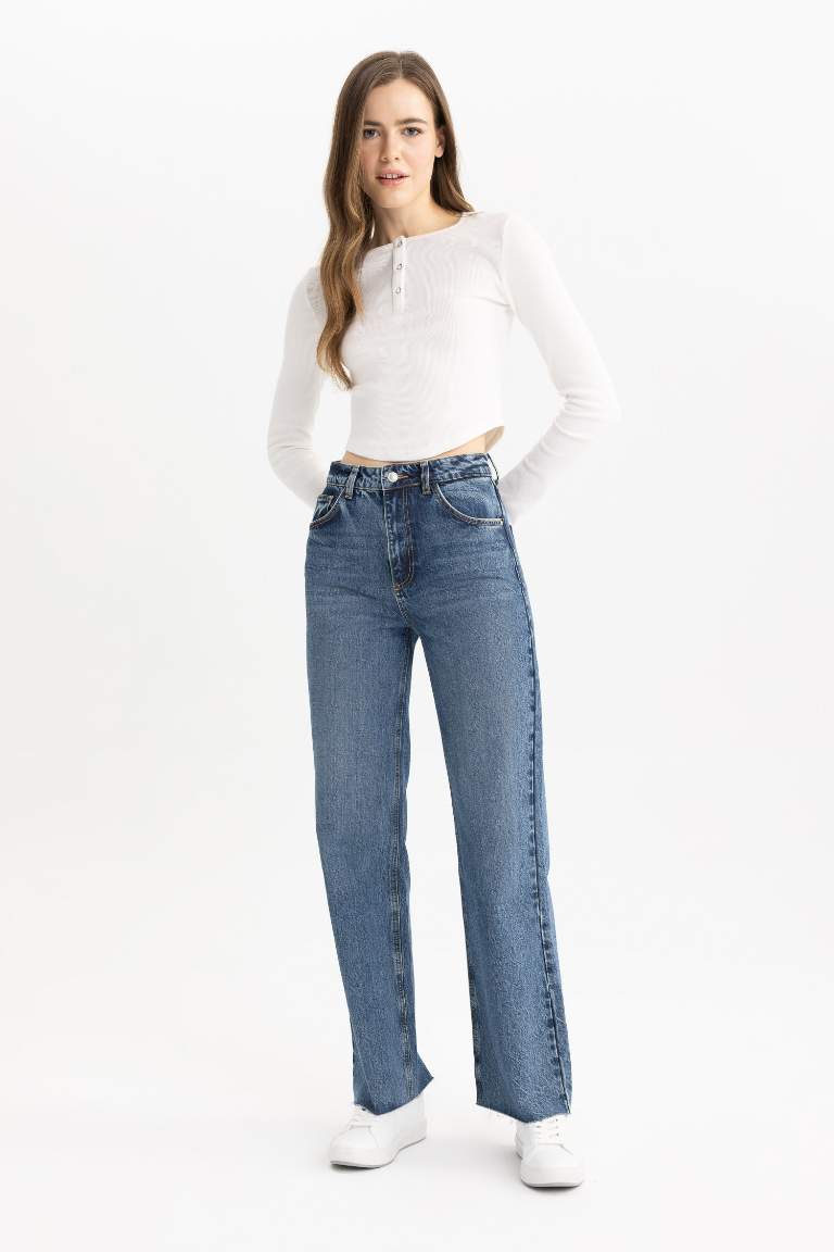 90's Wide Leg Yüksek Bel Bilek Boy Jean Yıkamalı Pantolon