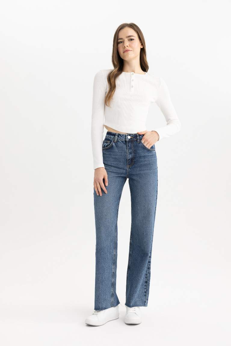 90's Wide Leg Yüksek Bel Bilek Boy Jean Yıkamalı Pantolon