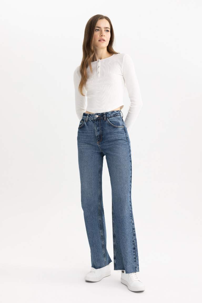 90's Wide Leg Yüksek Bel Bilek Boy Jean Yıkamalı Pantolon