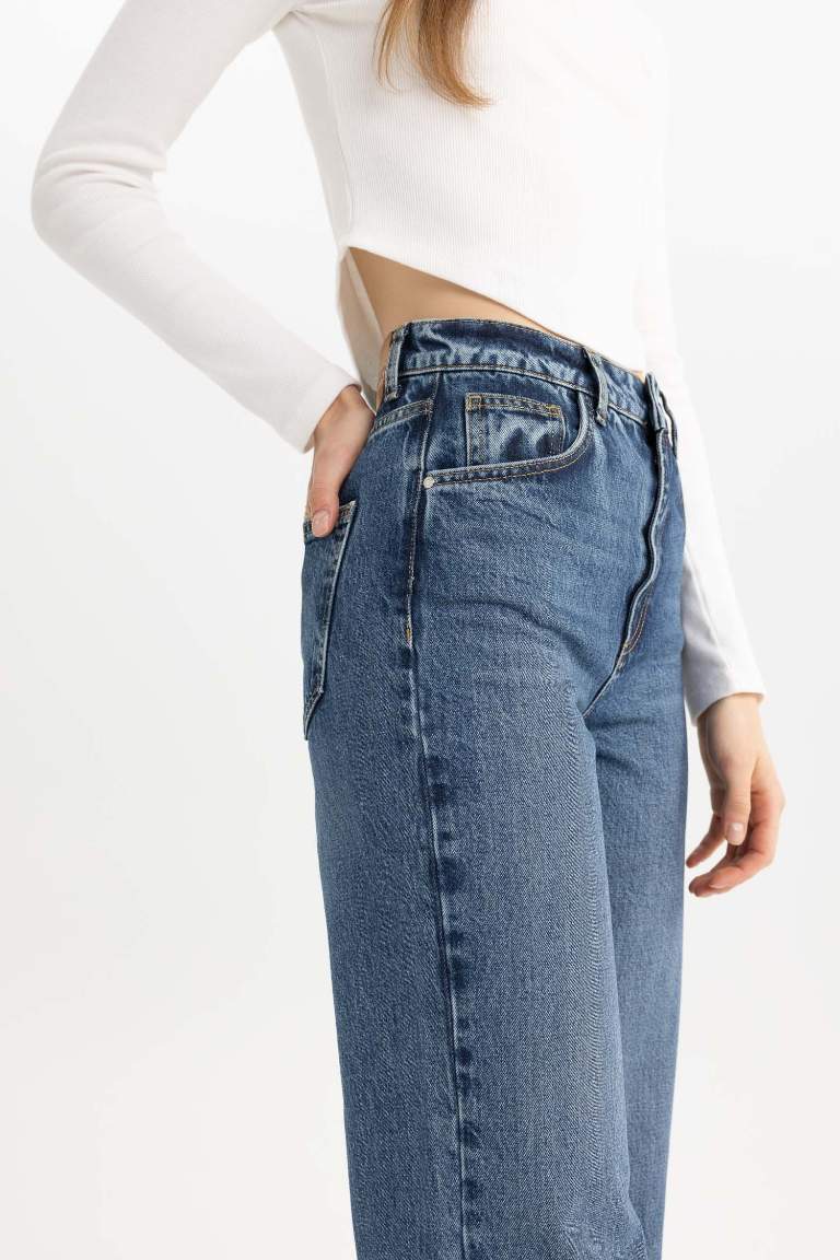 90's Wide Leg Yüksek Bel Bilek Boy Jean Yıkamalı Pantolon