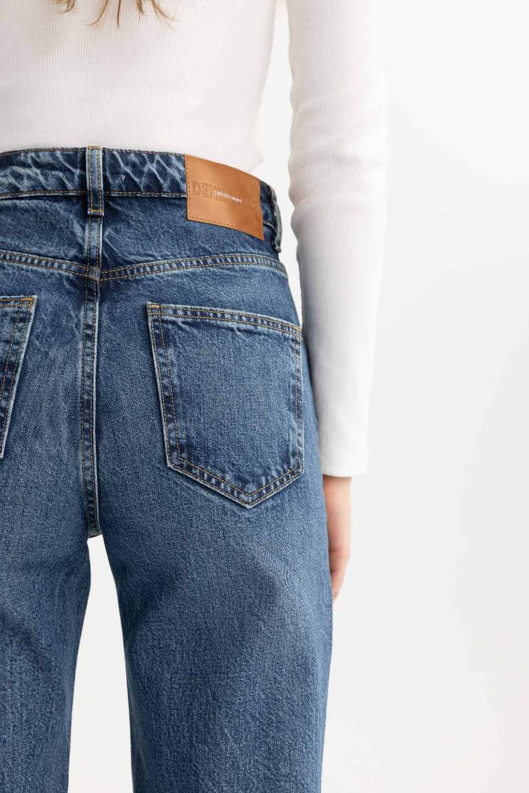 90's Wide Leg Yüksek Bel Bilek Boy Jean Yıkamalı Pantolon