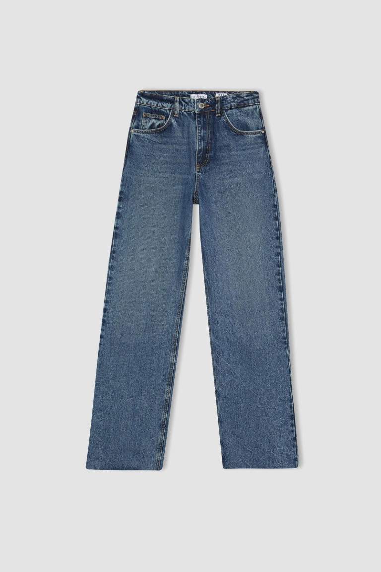 90's Wide Leg Yüksek Bel Bilek Boy Jean Yıkamalı Pantolon