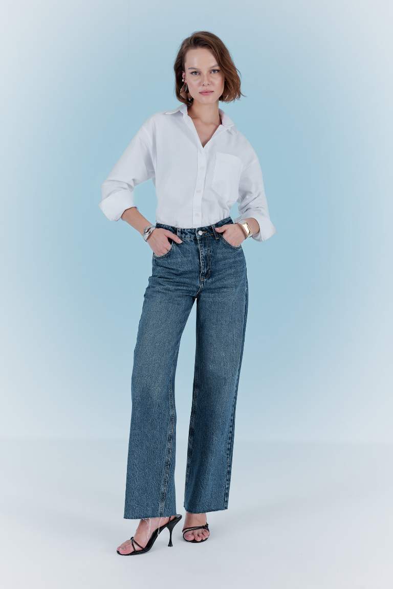 90's Wide Leg Yüksek Bel Bilek Boy Jean Yıkamalı Pantolon