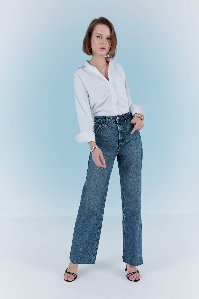 90's Wide Leg Yüksek Bel Bilek Boy Jean Yıkamalı Pantolon