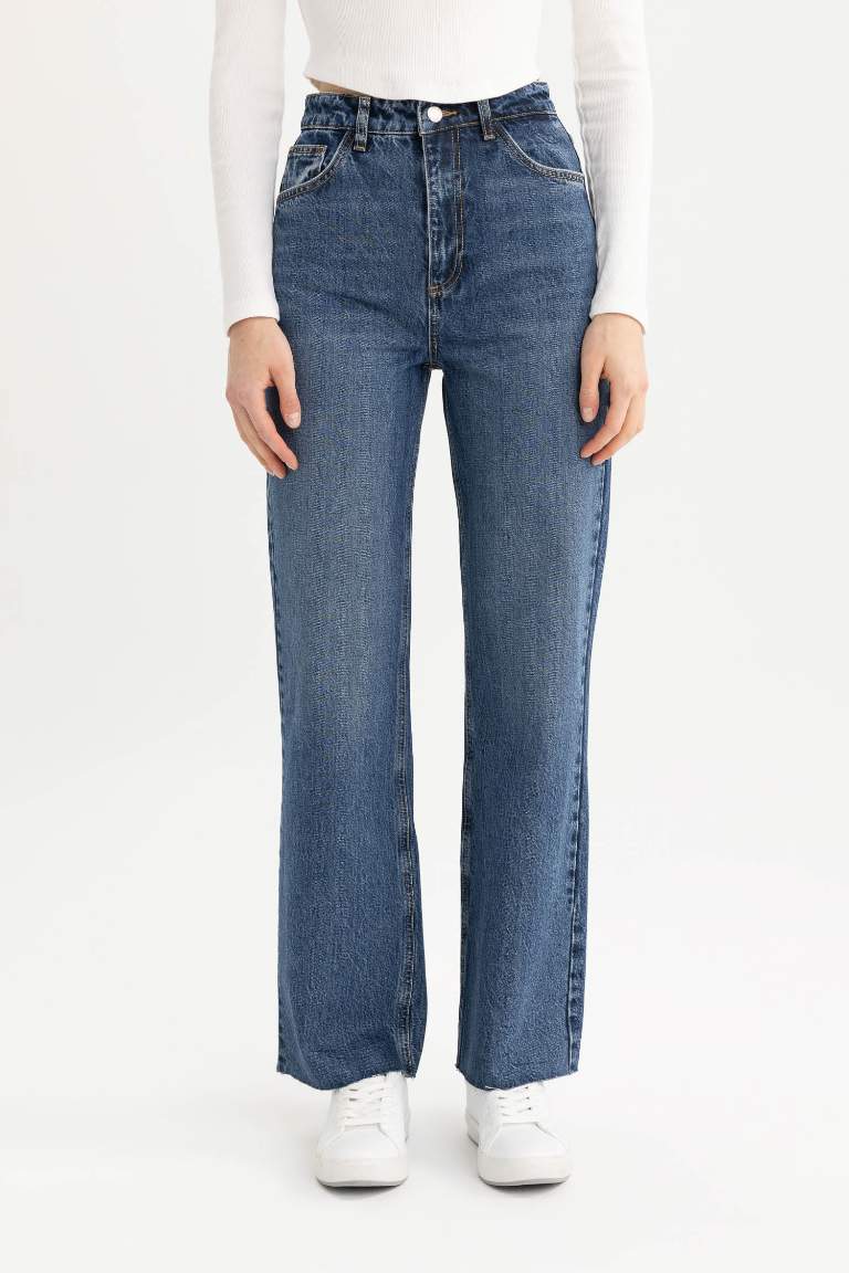 90's Wide Leg Yüksek Bel Bilek Boy Jean Yıkamalı Pantolon