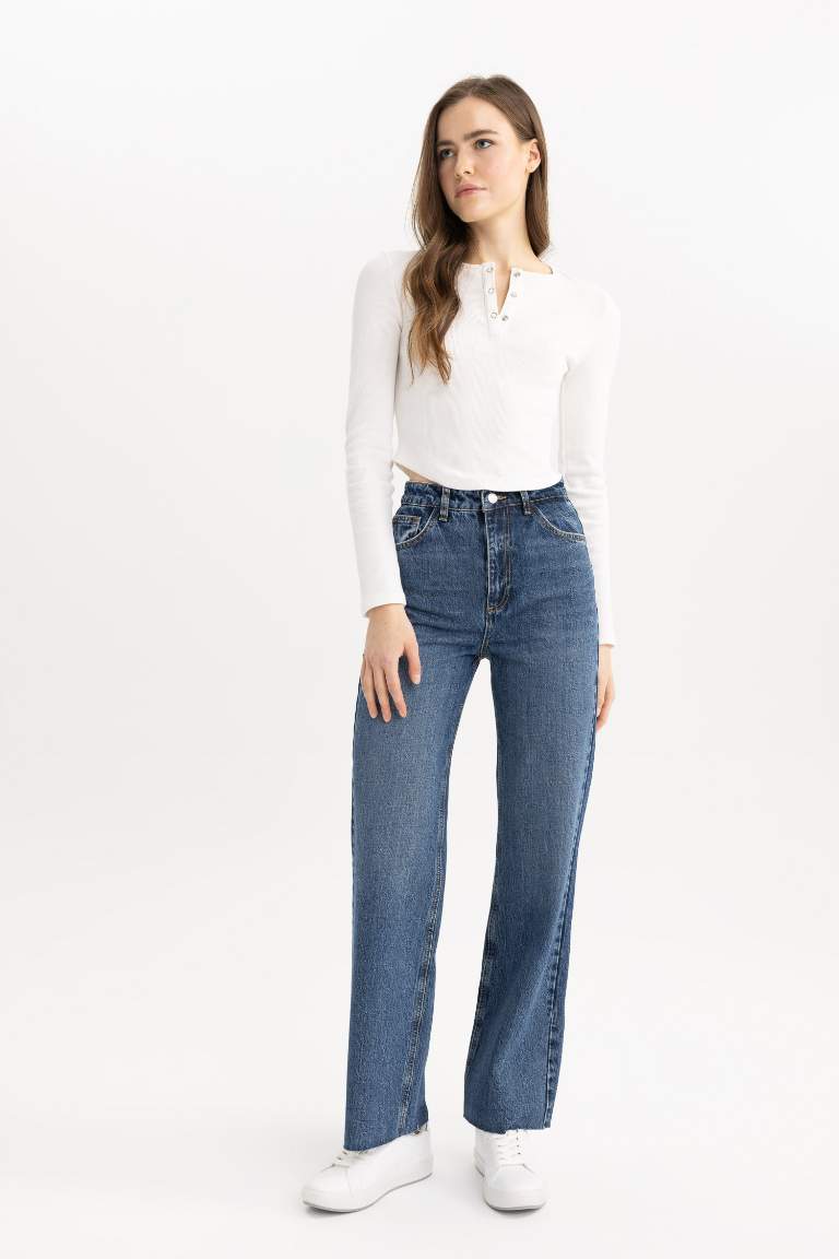 90's Wide Leg Yüksek Bel Bilek Boy Jean Yıkamalı Pantolon
