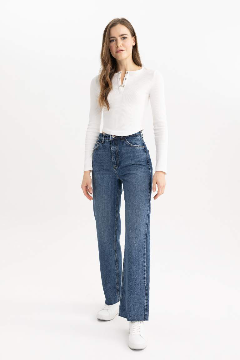 90's Wide Leg Yüksek Bel Bilek Boy Jean Yıkamalı Pantolon