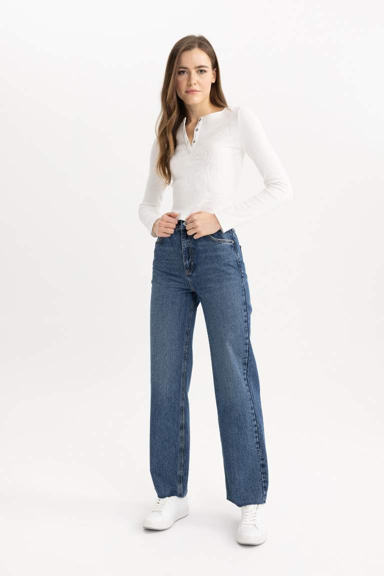 90's Wide Leg Yüksek Bel Bilek Boy Jean Yıkamalı Pantolon
