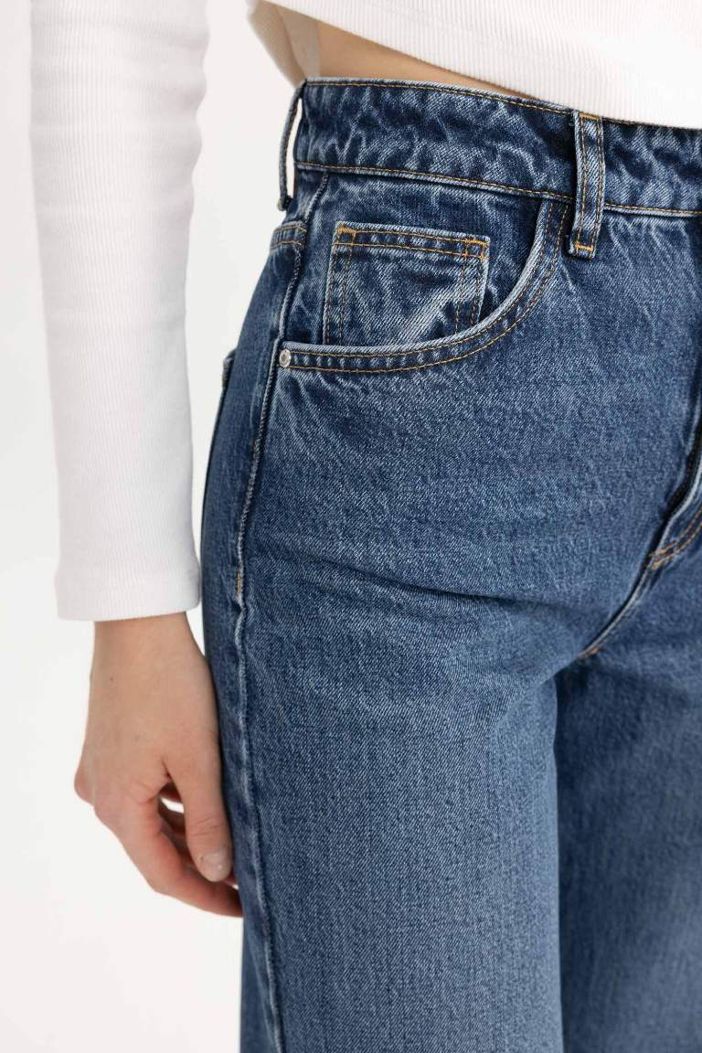 90's Wide Leg Yüksek Bel Bilek Boy Jean Yıkamalı Pantolon