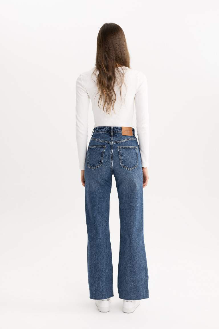 90's Wide Leg Yüksek Bel Bilek Boy Jean Yıkamalı Pantolon