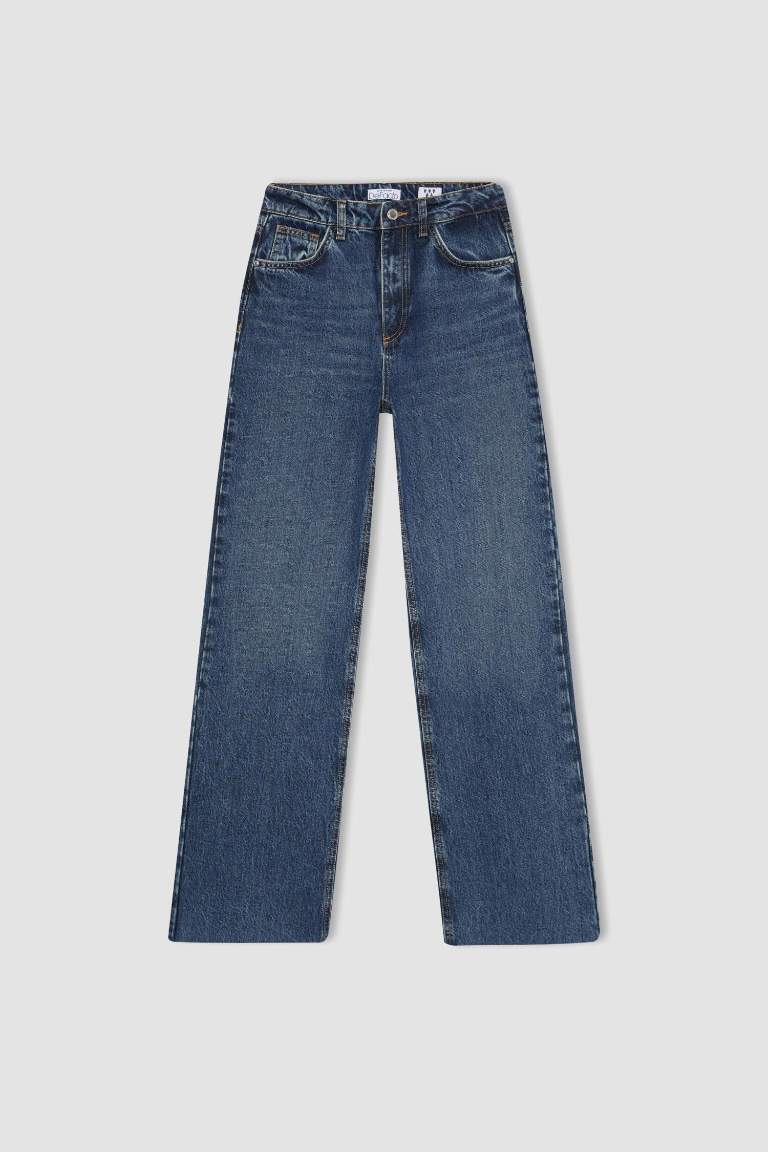 90's Wide Leg Yüksek Bel Bilek Boy Jean Yıkamalı Pantolon