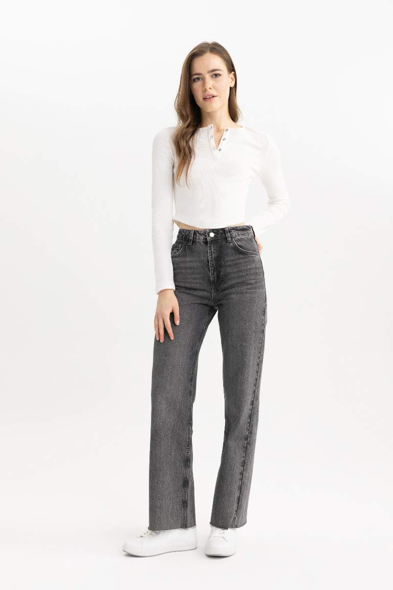 90's Wide Leg Yüksek Bel Uzun Jean Yıkamalı Pantolon