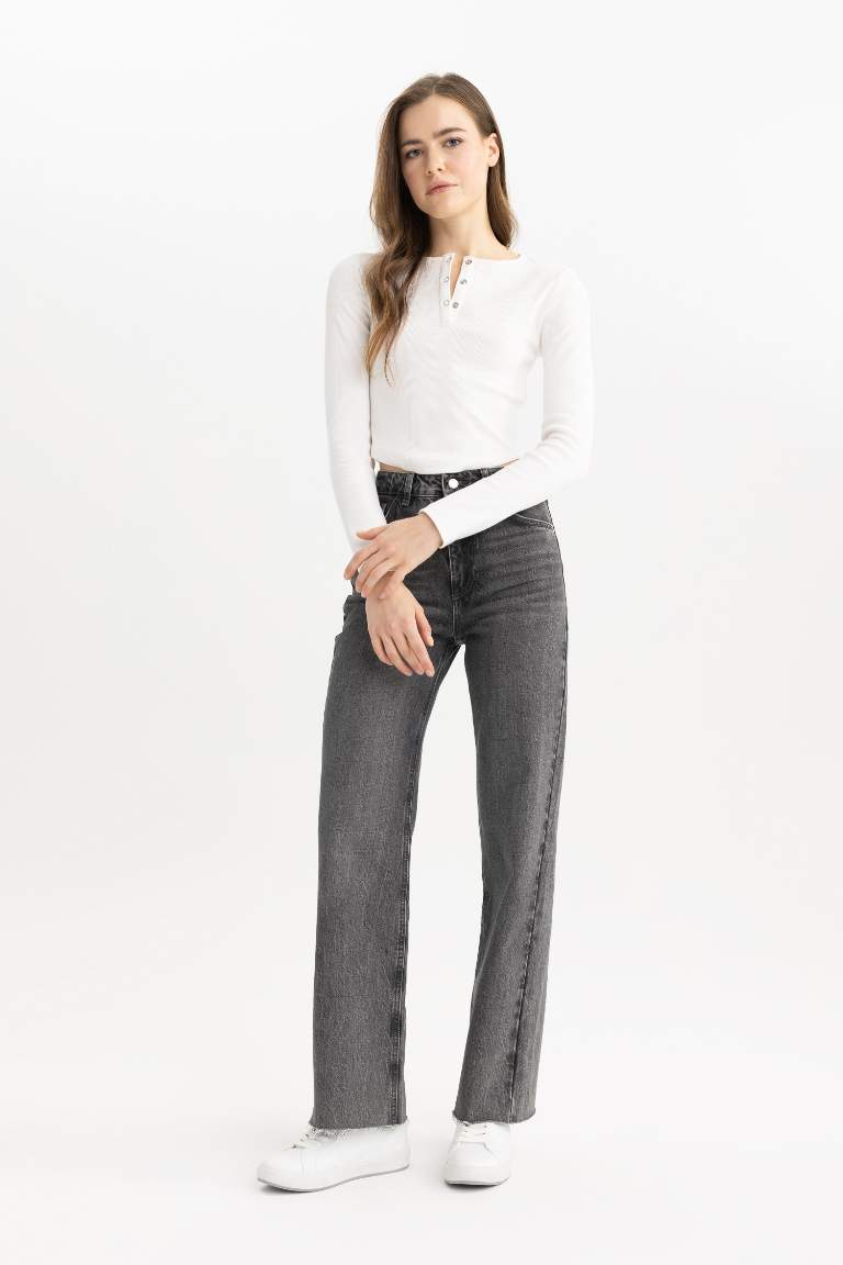 90's Wide Leg Yüksek Bel Uzun Jean Yıkamalı Pantolon
