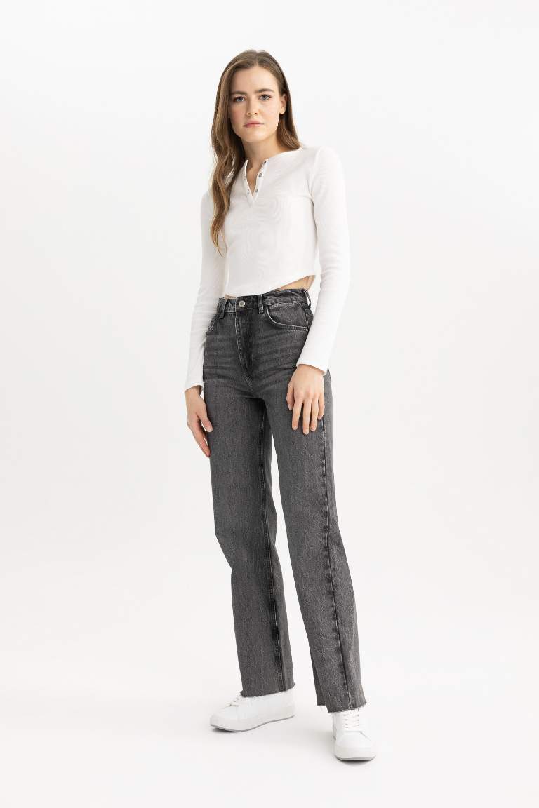 90's Wide Leg Yüksek Bel Uzun Jean Yıkamalı Pantolon