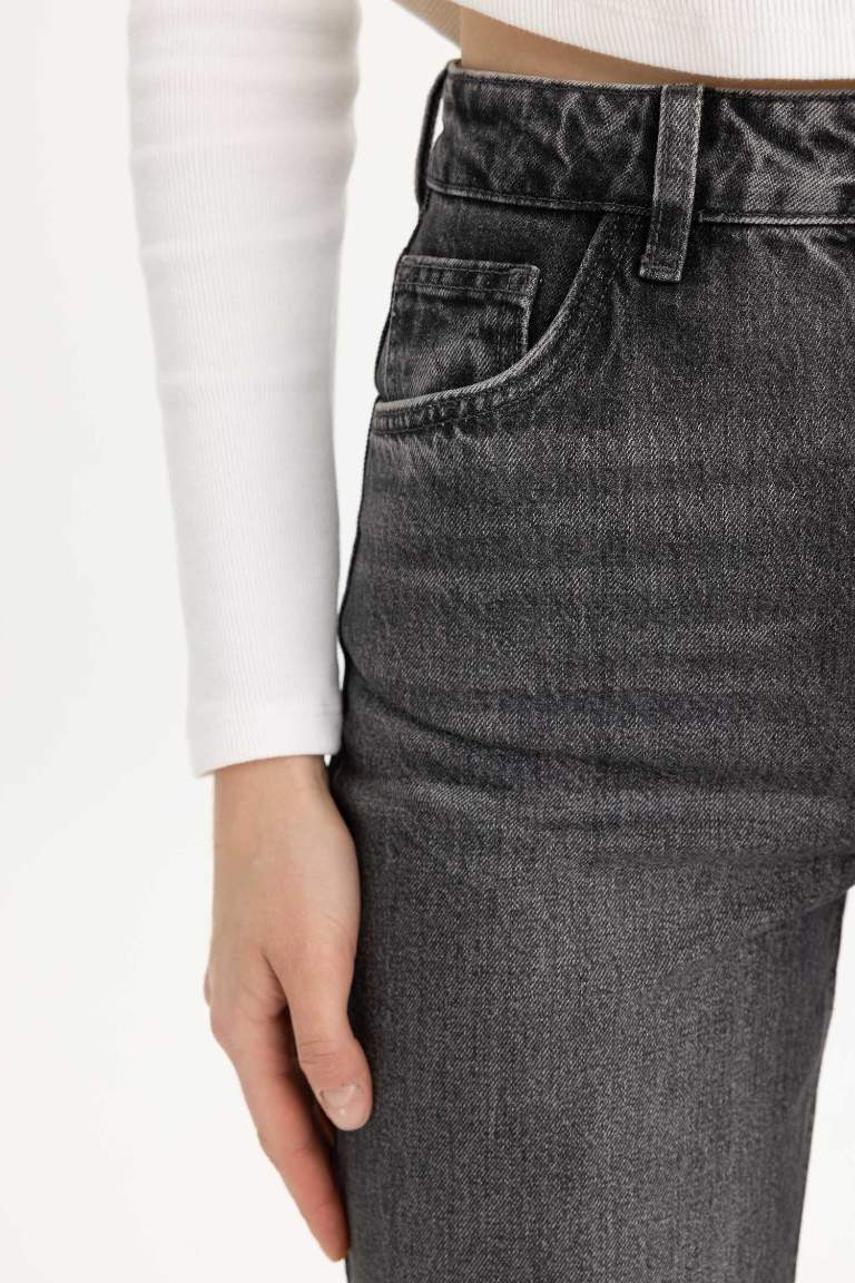 90's Wide Leg Yüksek Bel Uzun Jean Yıkamalı Pantolon