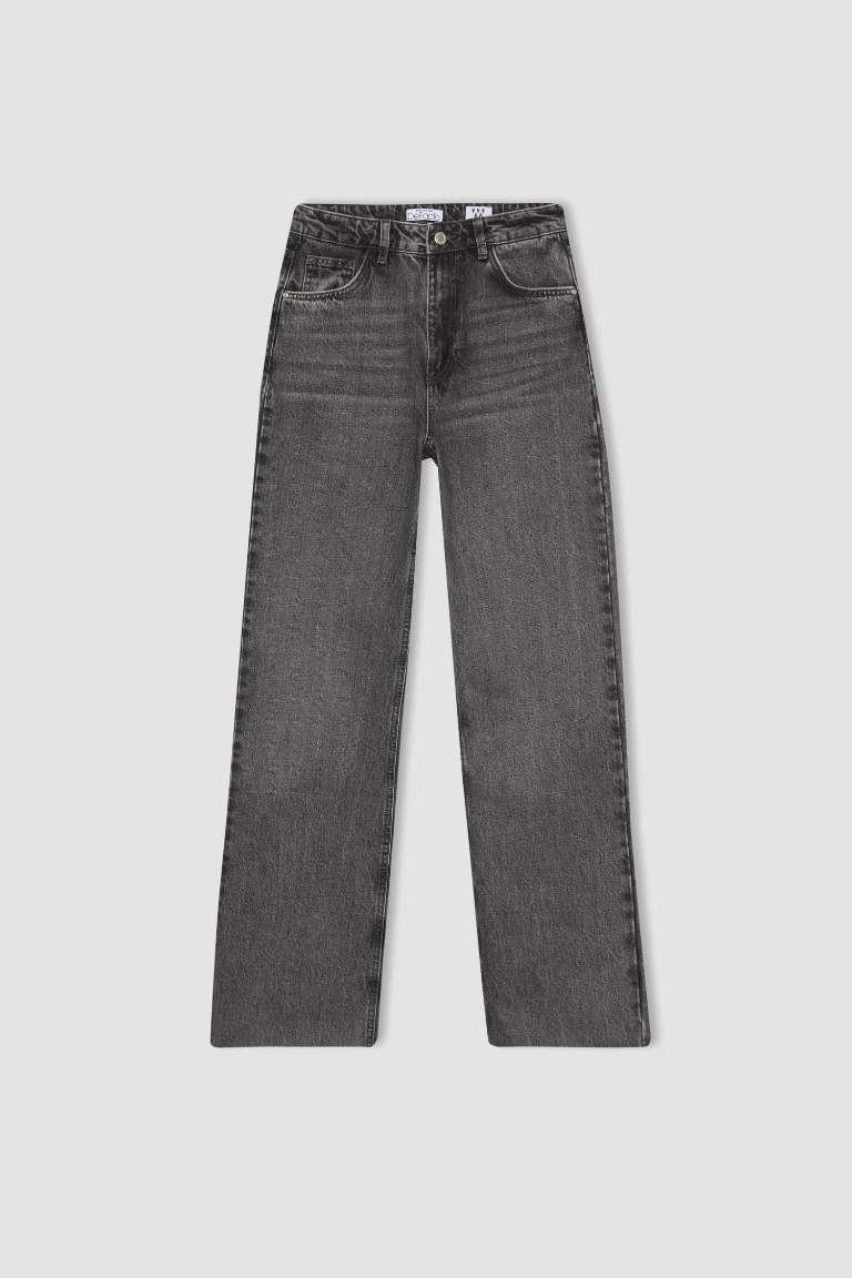 90's Wide Leg Yüksek Bel Uzun Jean Yıkamalı Pantolon