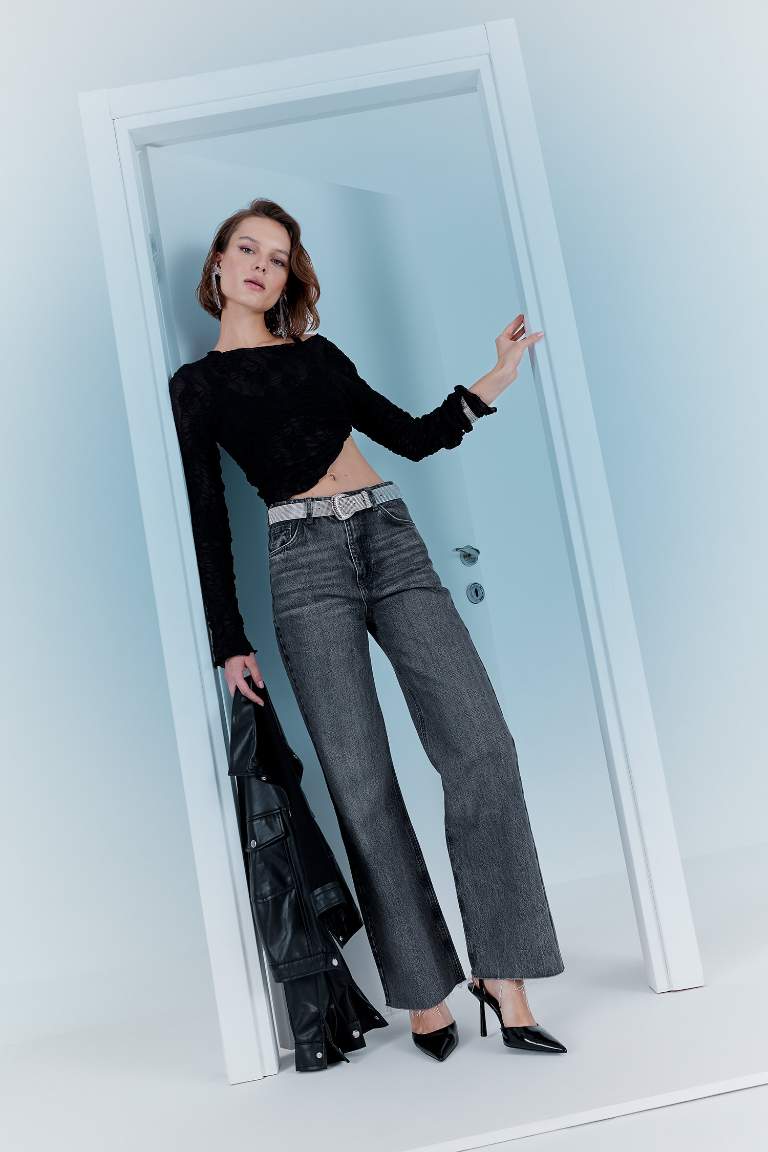 90's Wide Leg Yüksek Bel Uzun Jean Yıkamalı Pantolon