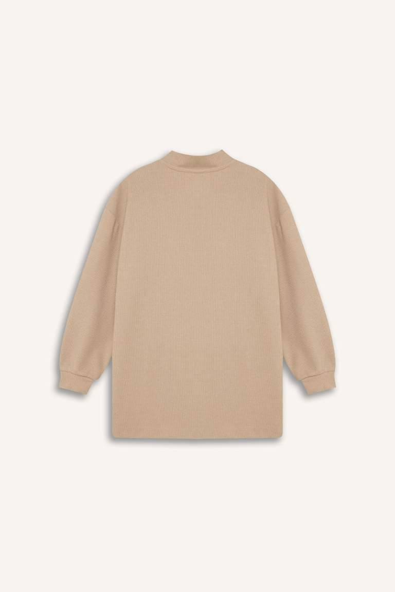 Regular Fit Yarım Fermuarlı Dik Yaka Selanik Kumaş Basic Düz Uzun Kollu Tunik