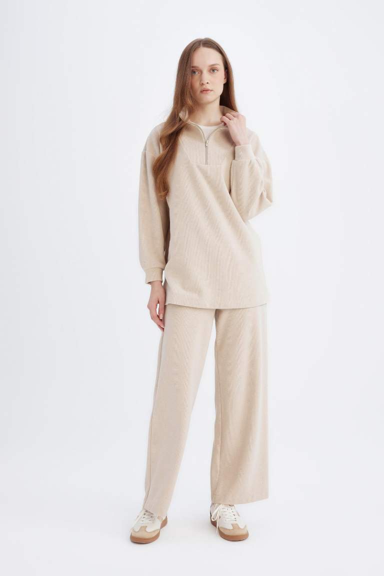 Relax Fit Beli Lastikli Selanik Kumaş Basic Düz Triko Pantolon