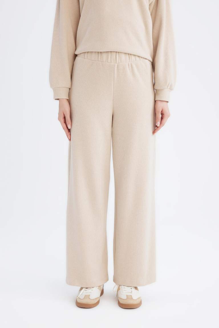 Relax Fit Beli Lastikli Selanik Kumaş Basic Düz Triko Pantolon