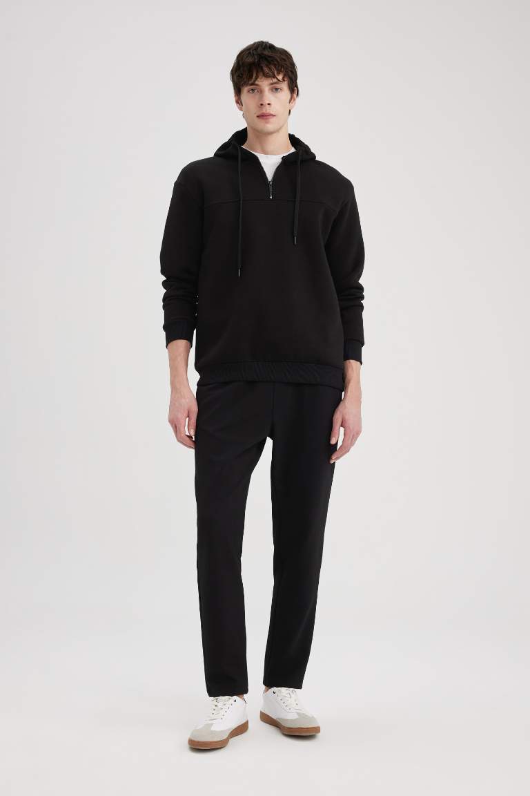 Comfort Regular Fit Rahat Kalıp Kapüşonlu Yarım Fermuarlı Basic Düz Sweatshirt