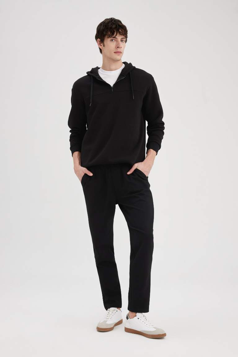 Comfort Regular Fit Rahat Kalıp Kapüşonlu Yarım Fermuarlı Basic Düz Sweatshirt