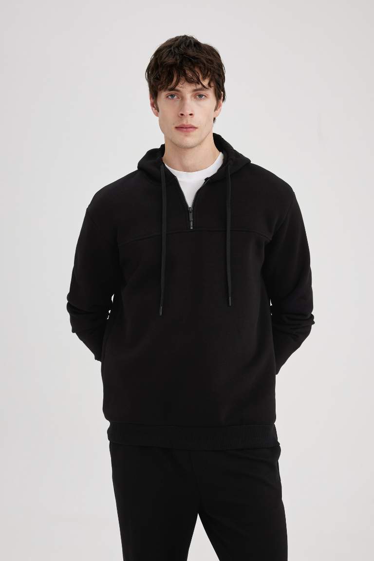 Comfort Regular Fit Rahat Kalıp Kapüşonlu Yarım Fermuarlı Basic Düz Sweatshirt
