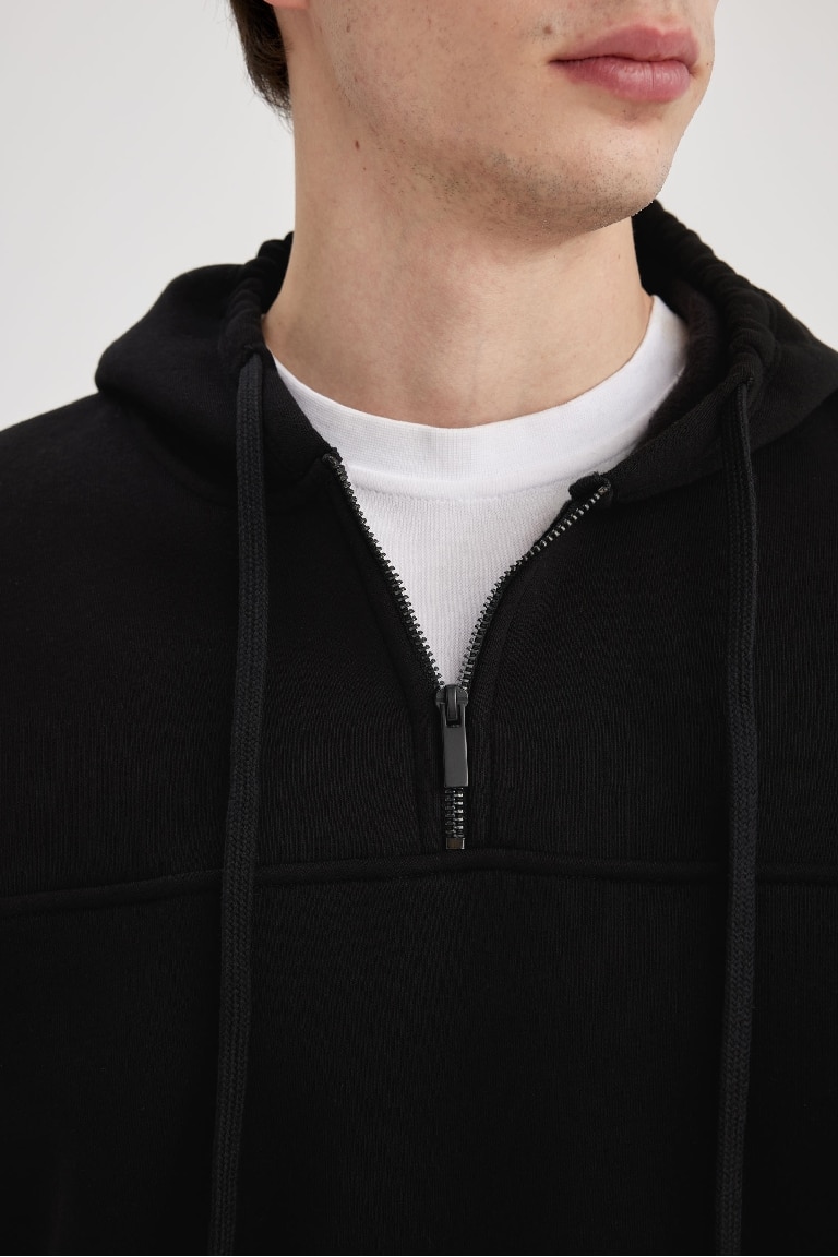 Comfort Regular Fit Rahat Kalıp Kapüşonlu Yarım Fermuarlı Basic Düz Sweatshirt