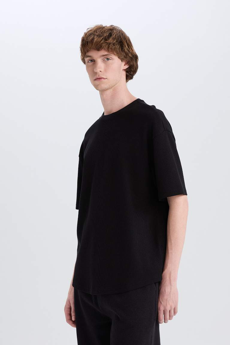 Boxy Fit Crew Neck Short Sleeve Basic Waffle T-Shirt